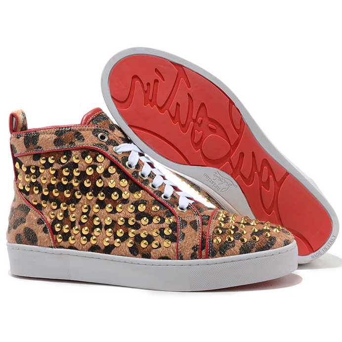 Christian Louboutin  Louis Gold Spikes High Top Sneakers Leopard